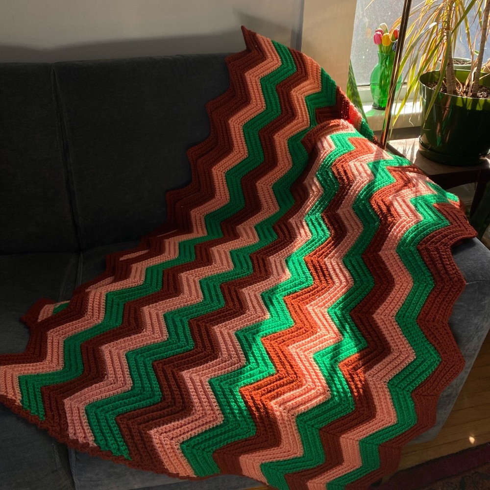 Vintage Handmade Zigzag Crochet Knit Blanket - Green, Brown, and Pink